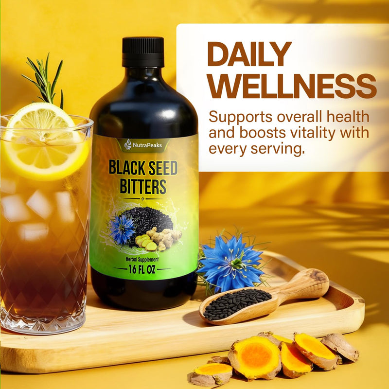 Black Seed Oil Bitters Liquid - Premium Herbal Blend with Black Seed Extract, Curcumin (Turmeric Extract), Ashwagandha, Elderberry, Probiotics, Vitamin C, Zinc...16 fl oz | Natural Botanical Blend Black Seed Bitters 16 Fl Oz (Pack of 1)