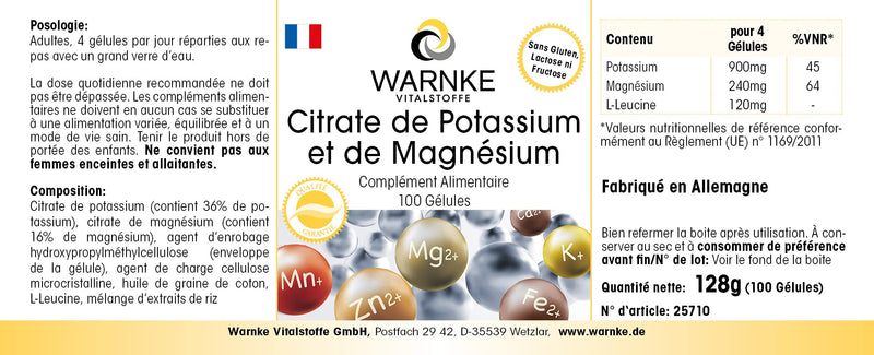 [Australia] - Potassium-magnesium citrate 100 capsules, high dosage, vegan, organic minerals, highly bioavailable | Warnke vital substances - German pharmacy quality 