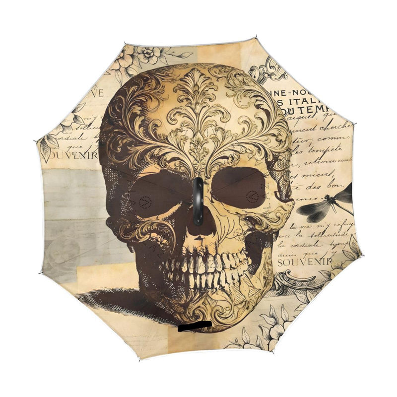 ALAZA Vintage Tattoo Skull Windproof Inverted Open Close Reverse Rain Umbrella Inside Out Quality Waterproof Parasol Upside Down Stick Shelter with Hook c Handle multi 5 one size