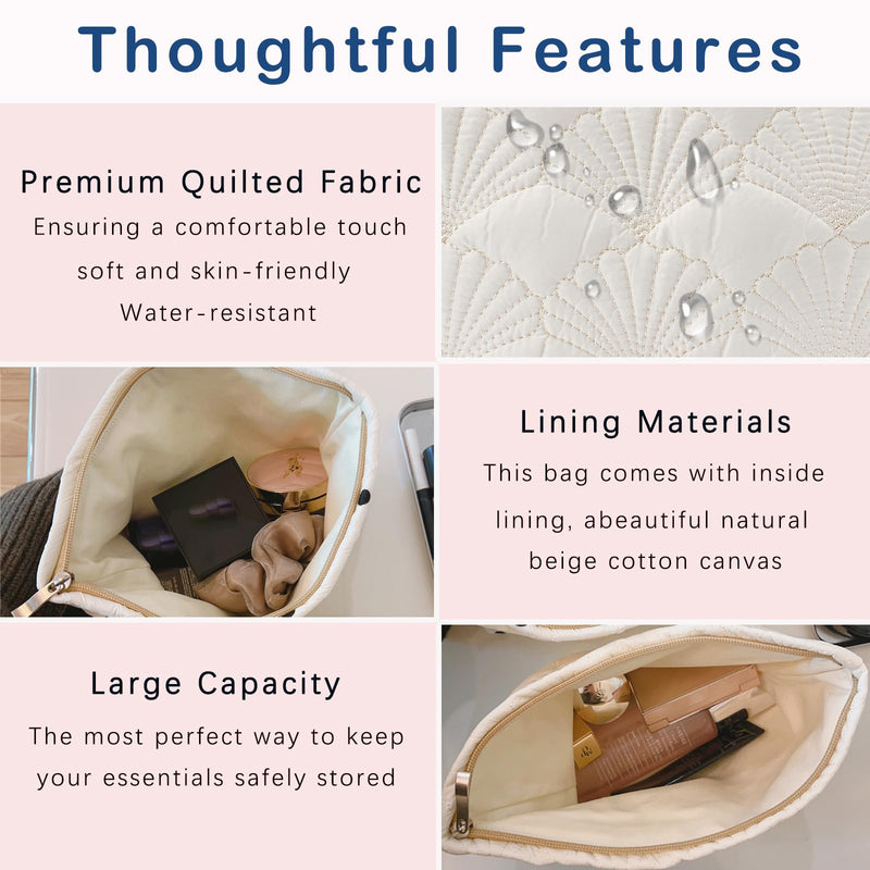 RSRSLEII 5Pcs Quilted Cotton Seashell Makeup Bag, Travel Toiletry Bag,White | Coastal Aesthetic Cosmetic Bag Set, Cute Portable Travel Toiletry Pouch, Wedding Gifts, Bridesmaid Gifts,Lightweight Foldable 5Pcs White