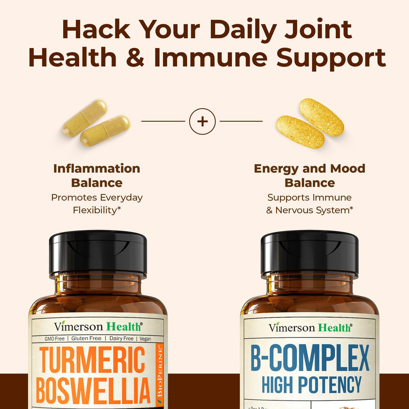 Boswellia Turmeric Curcumin Supplement + Vitamin B Complex with Vitamin B12, Niacin, Vitamin B2, Vitamin B6 Bundle – Supports Joint Health & Aids Mood, Energy – with Ginger Root, Organic Turmeric