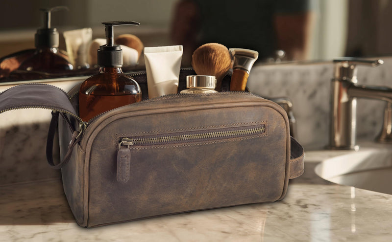 Genuine Leather Toiletry Bag for Men - Rustic Classic Vintage Handcrafted Full-Grain Leather Travel Dopp Kit with Waterproof Lining & Handle, Shaving & Grooming Kit Organizer Pouch - Rustic Brown
