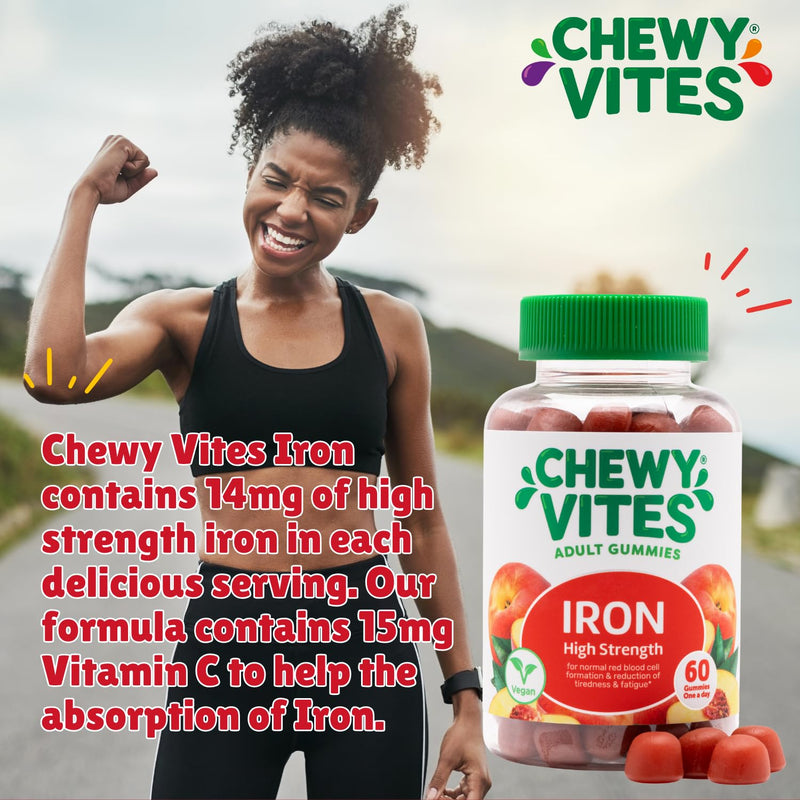 Chewy Vites Adult High Strength Iron, 60 Vitamin Gummies, 14mg Ferrous Fumerate Iron Gummies with Vitamin C, 2 Months Supply, Real Fruit Juice, Vegan, Peach Flavour