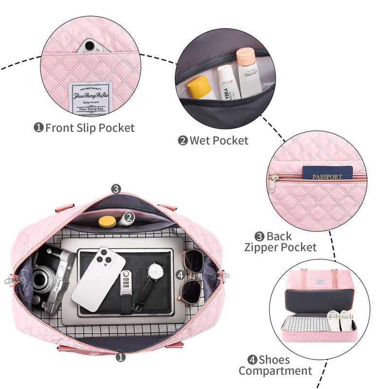 Travel Duffle Bag for Women Weekender Bags with Shoe Compartment Overnight Carry On Gym Tote Bag with Toiletry Bag Pink