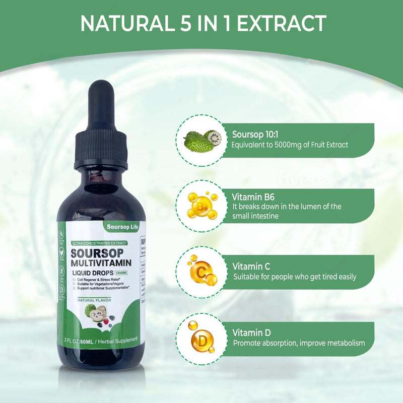 Soursop multivitamin Drop Natural Energy Booster, Immune Support, Vegan,Gluten Free,Non-GMO Vitamin B6,C,D, 60ml