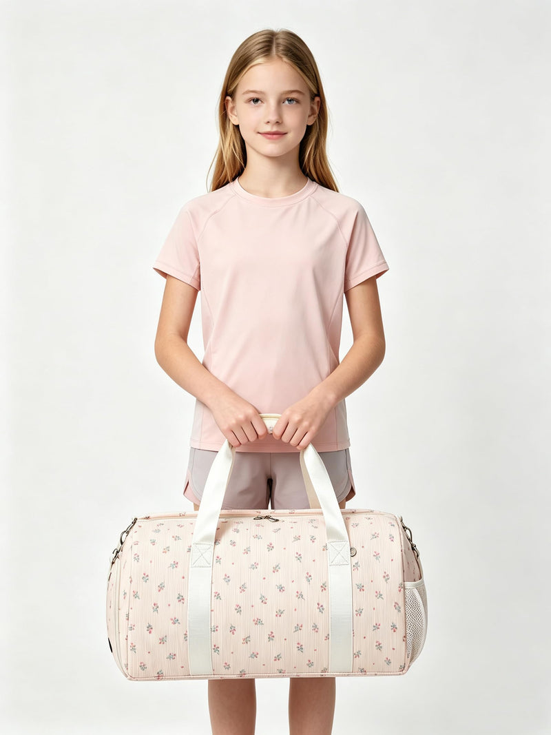 Kimwadalh Travel Duffle Bags with Wet & Shoe Compartments for Girls Women | Dry/Wet Pockets & Shoes Compartment Weekender Carry On Tote Sport Bags for Girls, Mommy Hospital Bag for Labor and Delivery Flower Pink