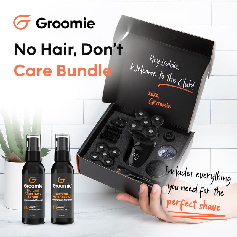 [Australia] - GROOMIE No Hair, Don't Care Bundle - 5D BaldiePro Electric Head Shavers for Bald Men, Natural Pre-Shave Oil to Promote Close Shave, & Natural Aftershave Serum - Mens Head Shaver Kit w/Electric Razor 10PC Shaver Set 