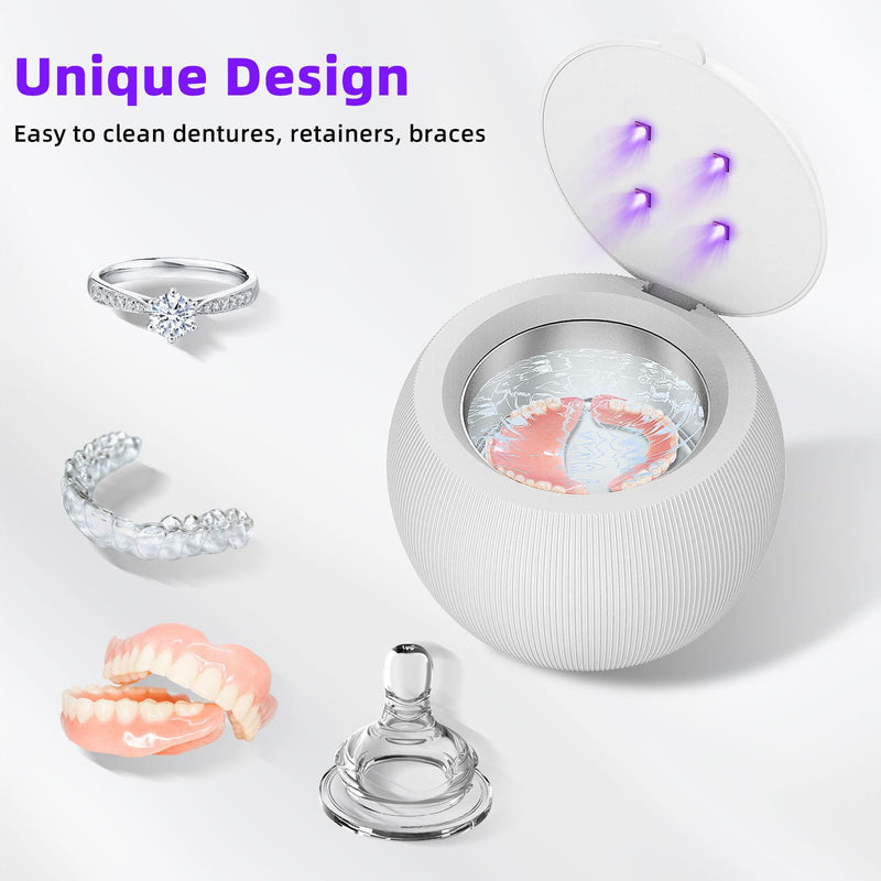 [Australia] - Voraiya® Ultrasonic Cleaner UV for Dentures, Aligner, Retainer, Whitening Trays, Night Dental Mouth Guard, Toothbrush Head, Ultrasonic Jewelry Cleaner Machine for all dental Appliances, Diamon (White) White 