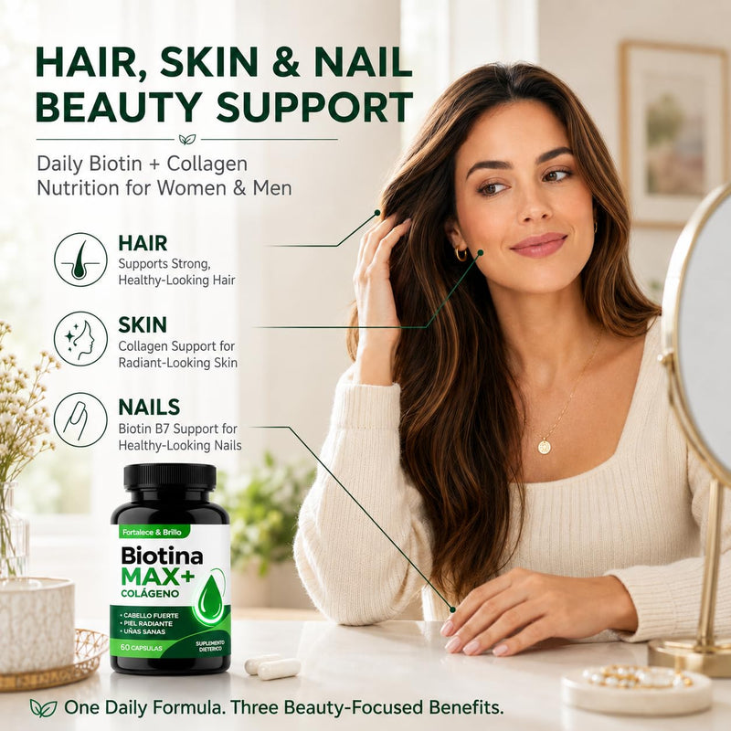 Biotina Max Colageno, Biotin and Collagen Supplements with Biotina B7 & Vitamins, Biotin for Hair Growth Women, Improve Skin and Nails, 60 Capsules Green