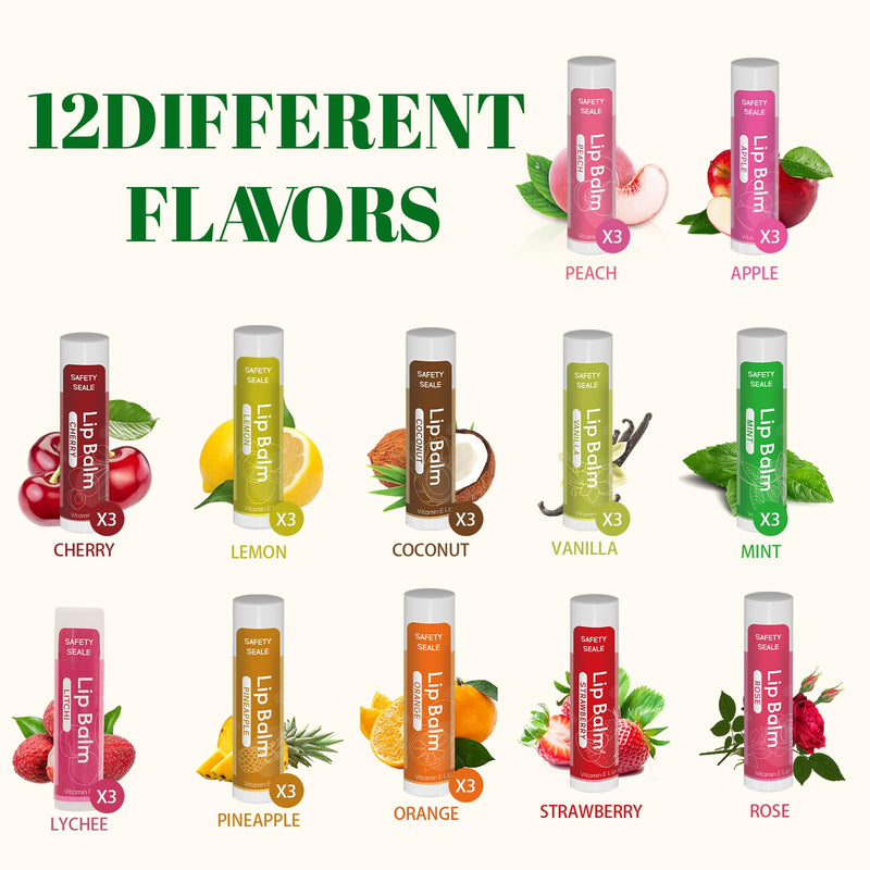 Yopela 36 Pack Natural Lip Balm Bulk with Vitamin E and Coconut Oil - Moisturizing, Soothing, and Repairing Dry and Chapped Lips Valentine's Gift- 12 Flavors - Non-GMO Pack of 36