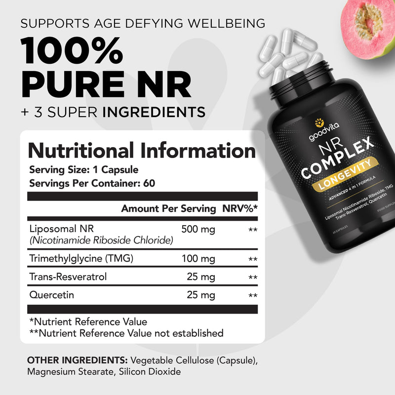 Nicotinamide Riboside NR Supplement (4 in 1 Complex) 60 Caps, 2 Months Supply | UK Made | Boost NAD+ Anti-Aging | TMG Resveratrol Quercetin | Liposomal Highest Bioavailability