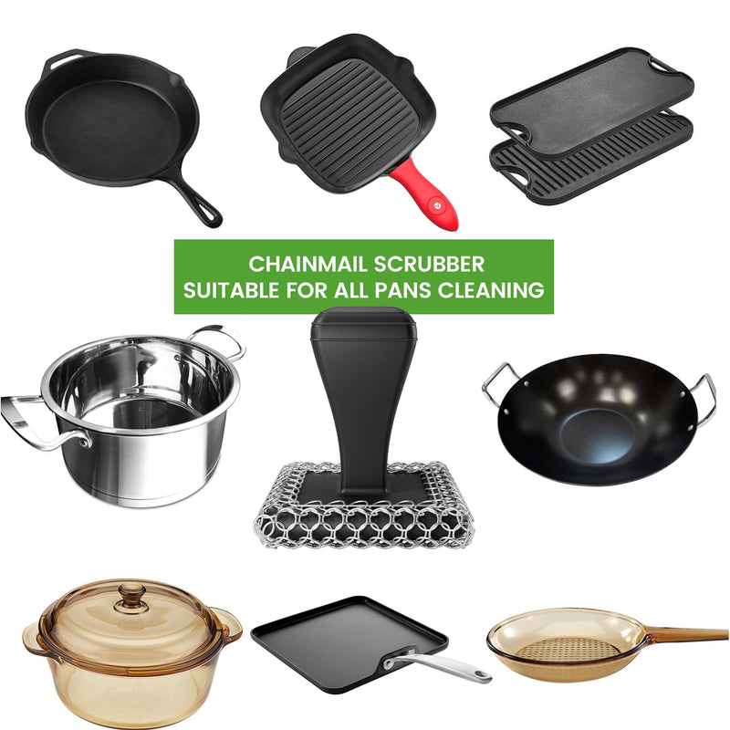 [Australia] - Cast Iron Scrubber & Cleaner Scraper Kit - Upgraded Handle 316L Stainless Steel Chainmail Scrubber for Cast Iron Pans, Dish Scrub Brush Scouring Pad for Cookware Corners Deep Cleaning - Black 