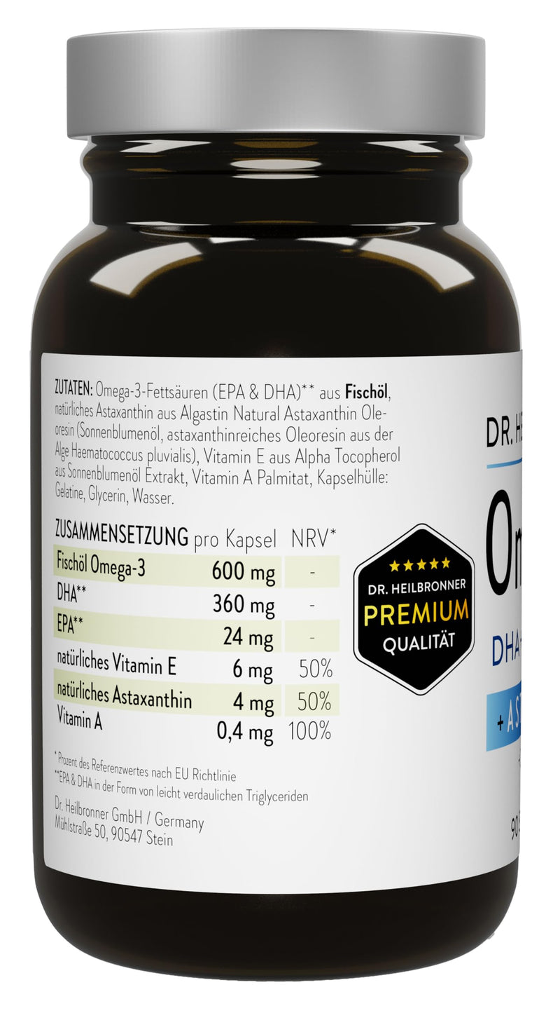[Australia] - Dr. Heilbronn Omega 3 Astaxanthin capsules with A & Vitamin E in a glass bottle I Astaxanthin from Algastin Oleoresin from the algae Haematococcus Pluvialis I 90 gelatin capsules 
