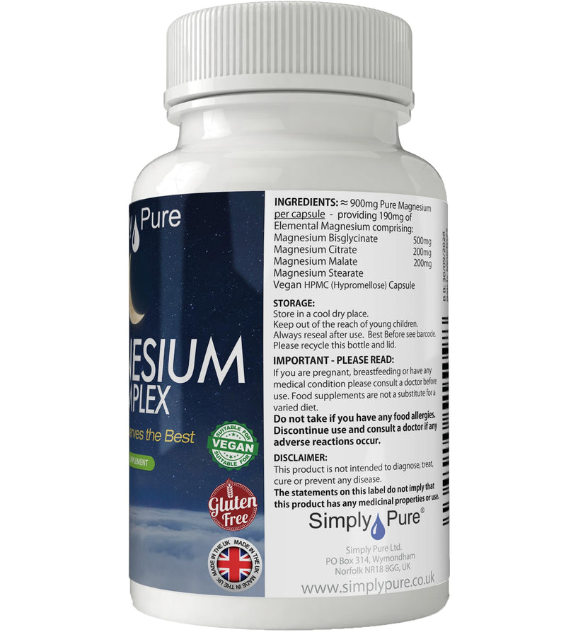 Magnesium Complex for Restful Sleep | 900mg Capsules x 80 | 100% Pure Magnesium | Gluten Free | GM Free | Vegan