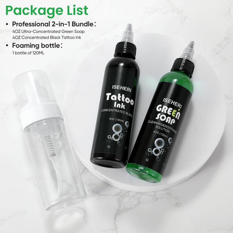[Australia] - Professional Black Tattoo Ink & Ultra Concentrated Green Tattoo Soap, 4 oz with Foaming Bottle - Premium Quality Kit for Tattoo Artists 