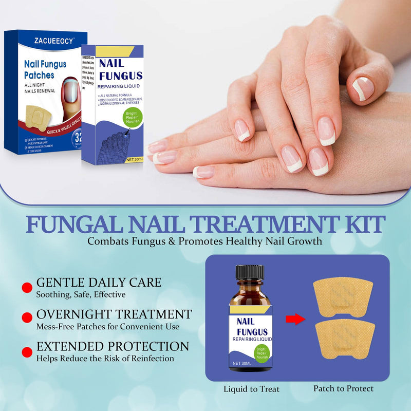 At-Home Intensive Fungal Nail Treatment Kit – 30mL Solution + 32 Renewal Patches, Targets Thickened, Yellowed, Damaged Nails, Precision Applicator for Easy Use on Toenails & Fingernails