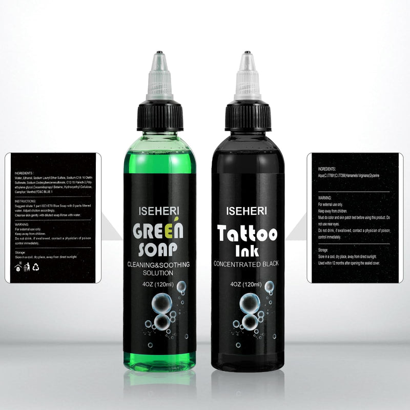 [Australia] - Professional Black Tattoo Ink & Ultra Concentrated Green Tattoo Soap, 4 oz with Foaming Bottle - Premium Quality Kit for Tattoo Artists 
