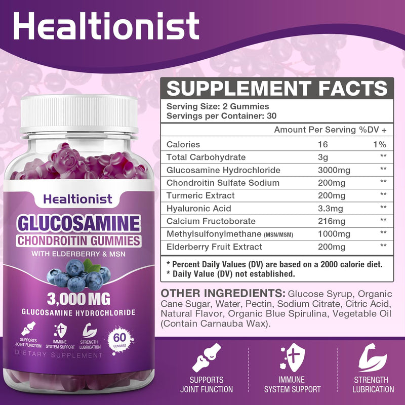 [Australia] - 2 Packs 3000mg Glucosamine Chondroitin Gummies with MSM & Elderberry - Extra Strength Joint Health, Flexibility, Antioxidant Immune Support Supplement Gummy for Adults, Men & Women 120 Cts 60 Count (Pack of 2) 