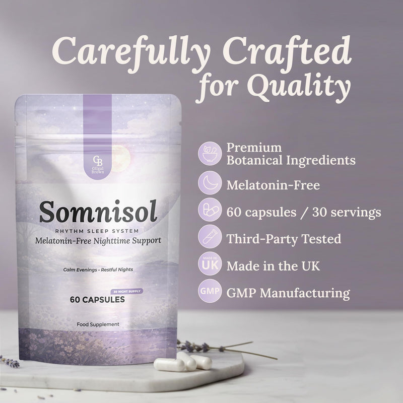 Somnisol Melatonin-Free Nighttime Support – Natural Evening Calm Capsules with L-Theanine, Saffron, Lemon Balm, Reishi & Magnesium – Supports Relaxation & a Smoother Transition into Rest – 60 Capsules