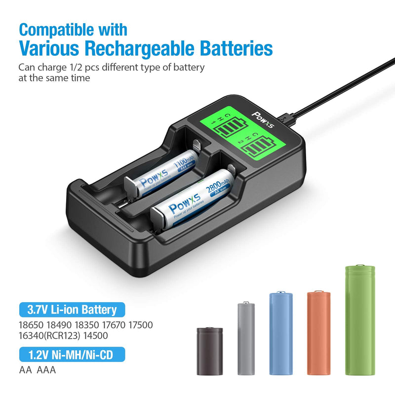 [Australia] - POWXS LCD Universal 18650 Battery Charger for 3.7V Li-ion Rechargeable Battery 18650 18490 18350 17670 17500 16340(RCR123) 14500 Lithium Batteries and Ni-MH Ni-CD Rechargeable AA AAA Batteries 