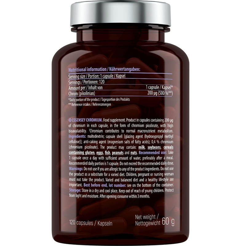 [Australia] - ESSENSEY - Chromium picolinate I Chromium 200 µg I 90 capsules I High bioavailability I For vegetarians I 120 daily doses I Cellulose capsule 