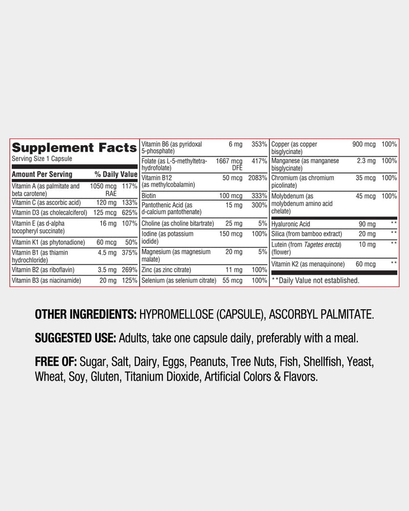 Red Rocker Essentials Women's Multi - Methylated B12 & Folate with Hyaluronic Acid, Silica & 5000 IU D3 - Beauty, Energy & Hormone Support - Once Daily - 30 Capsules