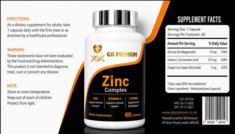 Zinc Complex Supplement with Vitamin C and Copper, High Strength Zinc Capsules, 60 Capsules