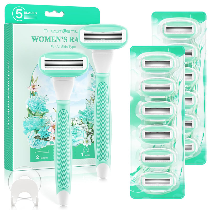 Razors for Women Include 2 Non-Slip Handles and 14 Blade Refills with a Shower Holder, 5 Premium Blades Women's Razors for Shaving with 360° Lubrication Reduces Irritation, Green