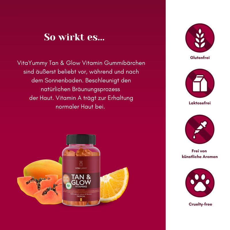 [Australia] - VitaYummy Tan & Glow Vitamin - dietary supplement tan gummy bears with vitamin A, vitamin C and beta-carotene - vegan & without gelatin - 60 vitamin gummy bears with tropical flavor 