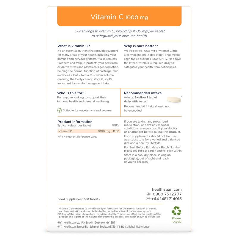 Healthspan Vitamin C 1,000mg (160 Tablets) | Support Your Immune Health | Reduces Tiredness & Fatigue and Supports Joint, Skin & Bone Health | Vegan 160 Count (Pack of 1)