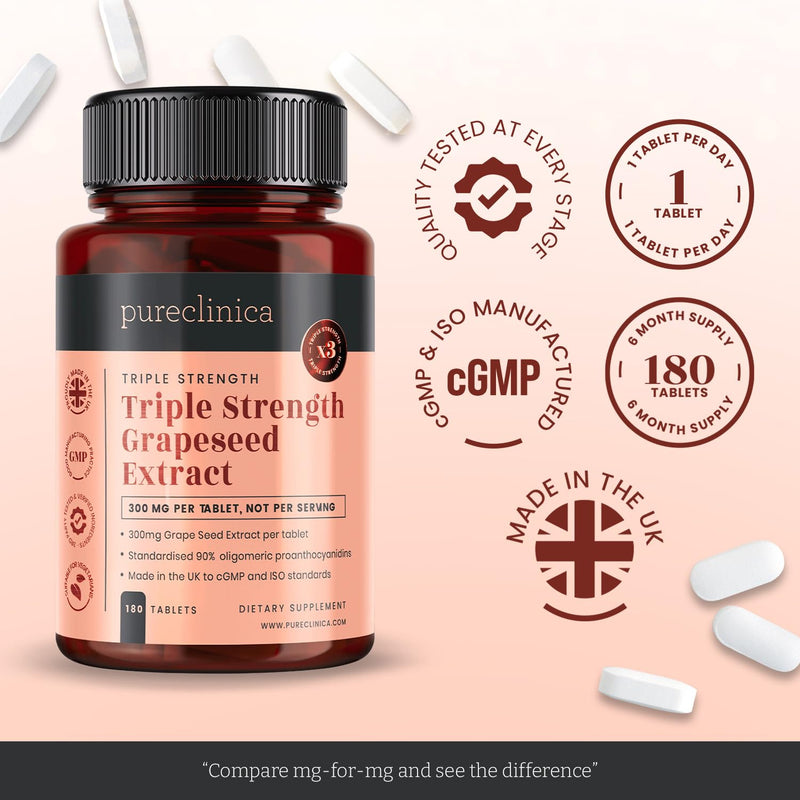 2-Pack Grapeseed Extract 300mg Tablets – Triple Strength with 90% OPCs – Powerful Antioxidant Support for Skin & Overall Health – 360 Tablets, 12 Month Supply – Made in UK 180 count (Pack of 2)