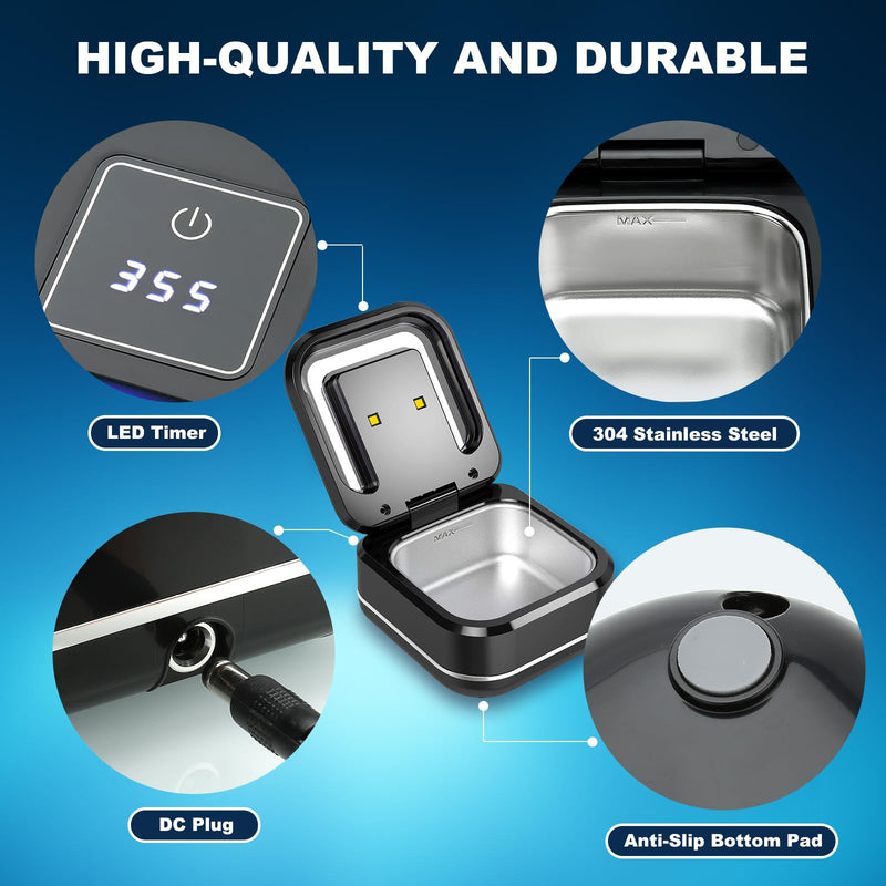 [Australia] - Ultrasonic Retainer Cleaner, Denture Cleaner Machine, Portable Sonic Cleaner Pod for Denture, Mouth Guard, Aligner, Night Guard, 180ML/42kHz Jewelry Cleaner Dark Black 