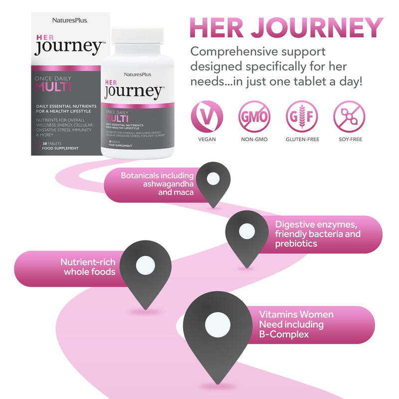 NaturesPlus Her Journey One a Day Multivitamin for Women – Energy, Immune, Stress – Vegan Multi for Women with Whole Foods, Adaptogens, Microflora Blend – Non-GMO, Gluten-Free - 30 Tablets 30 count (Pack of 1)