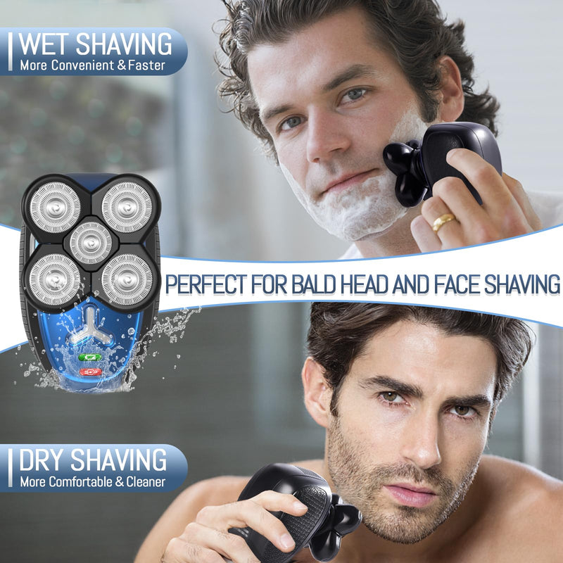 [Australia] - Head Shavers for Bald Men: 5-in-1 Electric Razor -Cordless Rechargeable Wet/Dry Body Hair Shaver IPX6 Waterproof Shaving Grooming Kit for Balder (Blue) (Blue) 