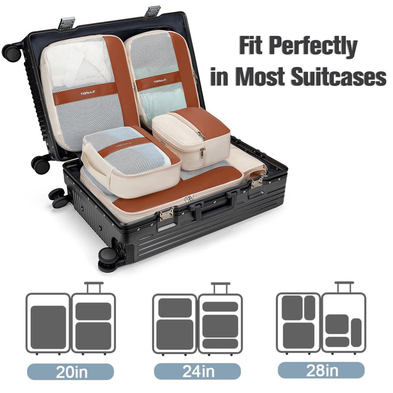Structured PU Leather Mesh Packing Cubes with Metal Zippers, Breathable Travel Organizer Bags to Separate Dirty Shoes and Prevent Collapsing, Vacation Essentials, 6 Piece Set Fits 20-28 in Suitcases