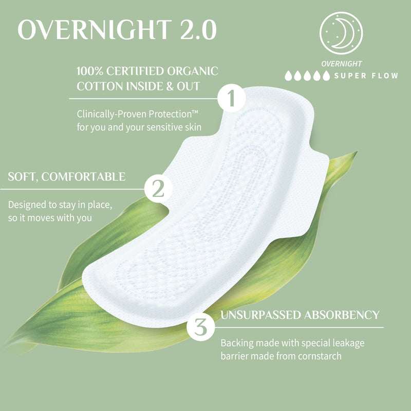 Organyc New and Improved 100% Certified Organic Cotton Overnight Feminine Pads, Heaviest Flow, Super Absorbency 2.0, 7 Count 1