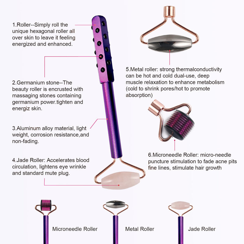 4-in-1 Germanium Stone Face Massager Beauty Roller for Up Lifting and Skin Care, Anti-Aging Beauty Tool with 3 Replaceable Heads - Jade Stone, Stainless Steel and 0.25mm Microneedle