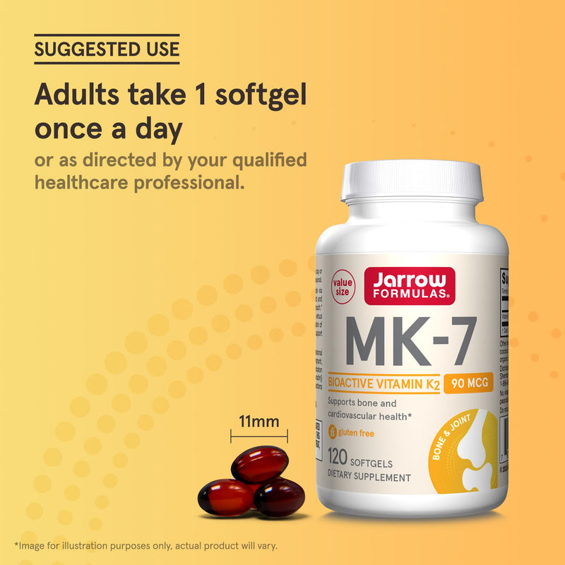 Jarrow Formulas MK-7 90 mcg - Bioactive Form of Vitamin K2-120 Servings (Softgels) - for Bone & Cardiovascular Health - Vitamin K2 MK-7 Dietary Supplement - Gluten-Free 120 Count (Pack of 1)