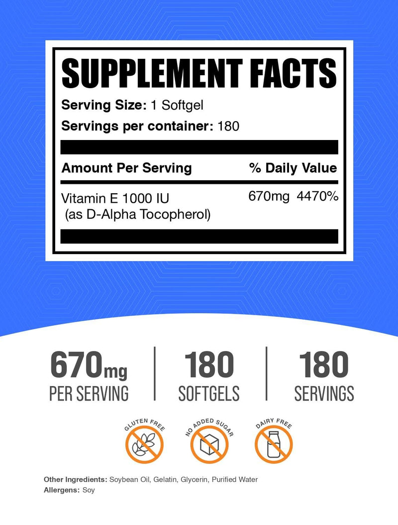 [Australia] - BulkSupplements.com Vitamin E 1000 IU Softgels - Vitamin E Supplement, Essential Antioxidant Support - Gluten Free, 1 Softgel per Serving, 180 Count (Pack of 1) 