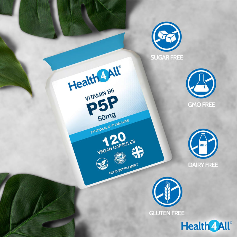 P5P 50mg Activated Vitamin B6 with Magnesium Citrate for Tiredness & Fatigue - 120 Capsules 4 Month Supply - Pyridoxal 5'-Phosphate - Vegan VitB6 Supplement - Made in UK by Health4All 120 count (Pack of 1)