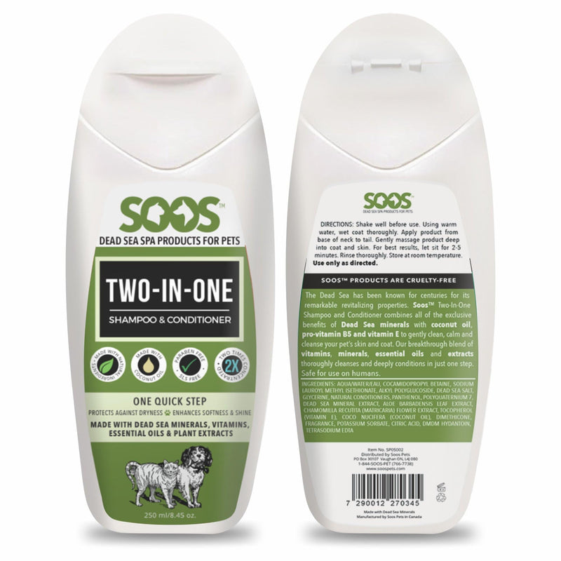 Soos Pets Two-in-One Shampoo Plus Conditioner for Dogs & Cats | 2-in-1 Natural Dead Sea Minerals | Cleansing & Moisturizing Formula | Gentle on Skin, Promotes Soft Shiny Coat - 250ml - PawsPlanet Australia