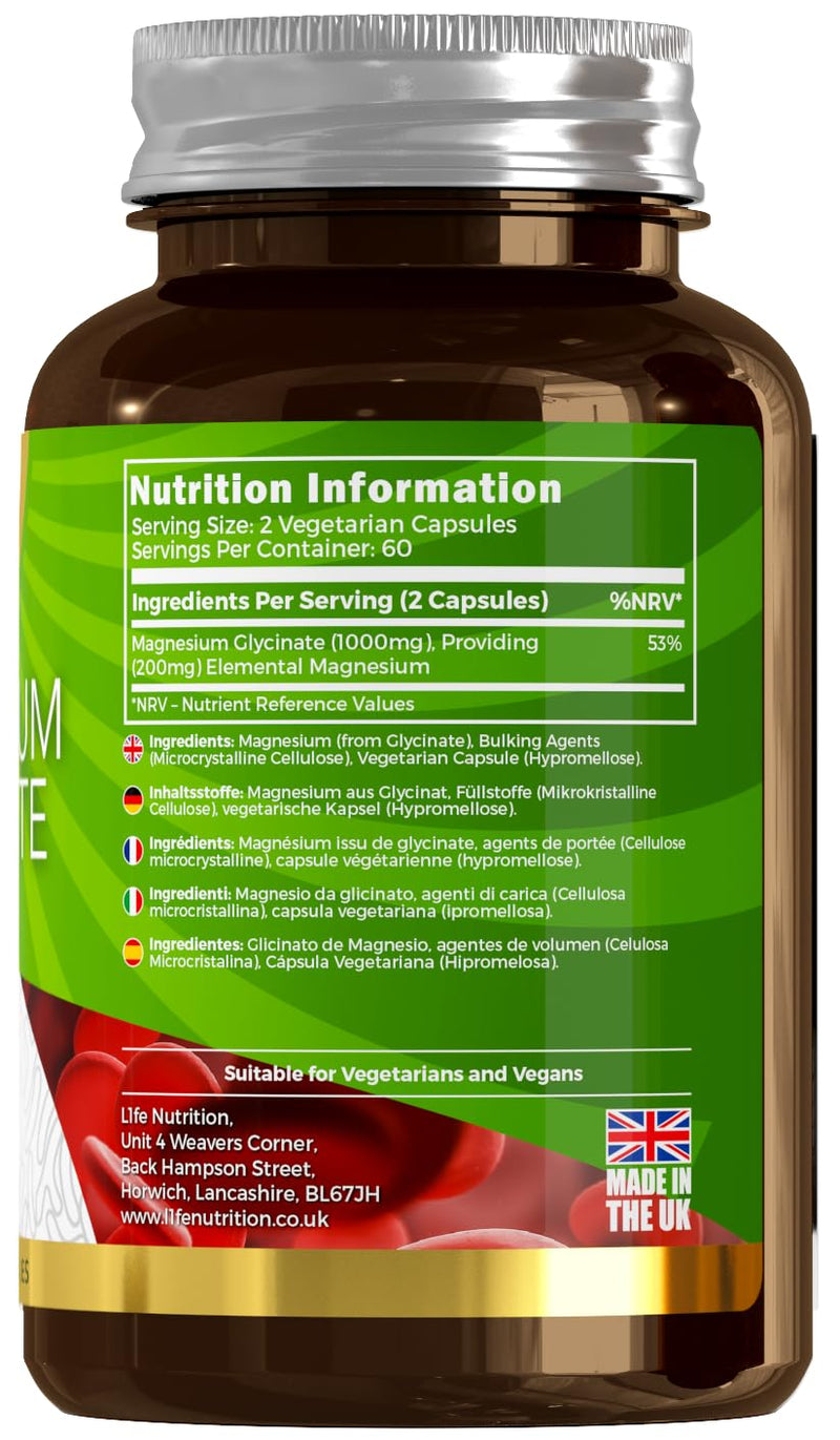 LN Magnesium Glycinate Capsules | 120 Vegan Magnesium-Glycinate Supplements 1000mg Providing 200mg Elemental Mag per Serving | Non-GMO, Gluten, Allergen & Dairy Free | Manufactured in The UK Unflavoured 120 count (Pack of 1)