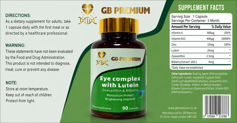 Eye Complex with Lutein, Zeaxanthin & Bilberry Extract, Eye Health Supplement, Vision Support Capsules with Vitamin A, B12 & Zinc, 90 Capsules