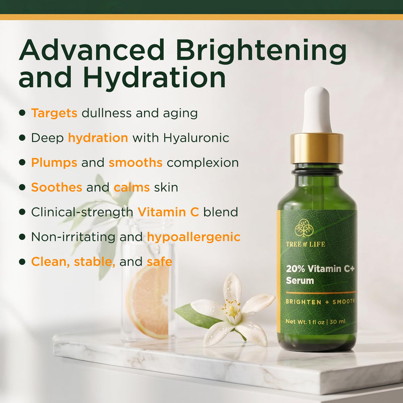 Tree of Life Vitamin C+ Serum for Face, Dark Spots Remover Face Oil, 1Fl Oz | Brightening 20% Vitamin C+ serum for face. Higher concentration face oil that targets dark spots and fine lines 1 Fl Oz (Pack of 1) 01. Vitamin C+