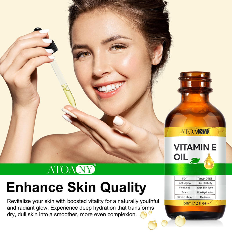 Vitamin E Oil 2 Fl Oz - Vitamin E Oil for Skin, Face, Hair, Body - Natural Antioxidant for Dryness, Wrinkles, Scars & Stretch Marks, Moisturizing and Firming Skin 2 Fl Oz (Pack of 1)