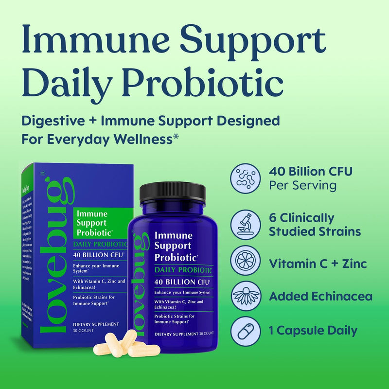 LOVEBUG Probiotics Immune Support Daily Probiotic for Men & Women, 40 Billion CFU & 6 Strains, Includes Vitamin C, Zinc & Echinacea, 30 Capsules, Vegan & Non-GMO