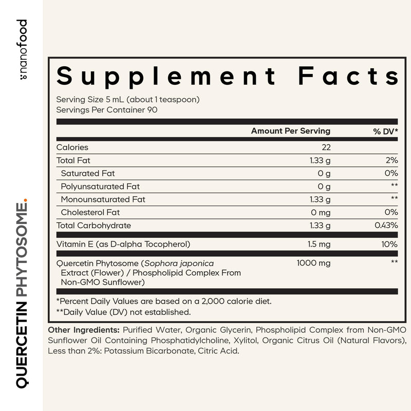 Codeage Liquid Quercetin 1000mg, Phytosome, Sophora Japonica, 15 fl oz | Liquid liposomal quercetin phytosome, 1,000 mg per serving, with vitamin E. Pineapple-tangerine flavor.