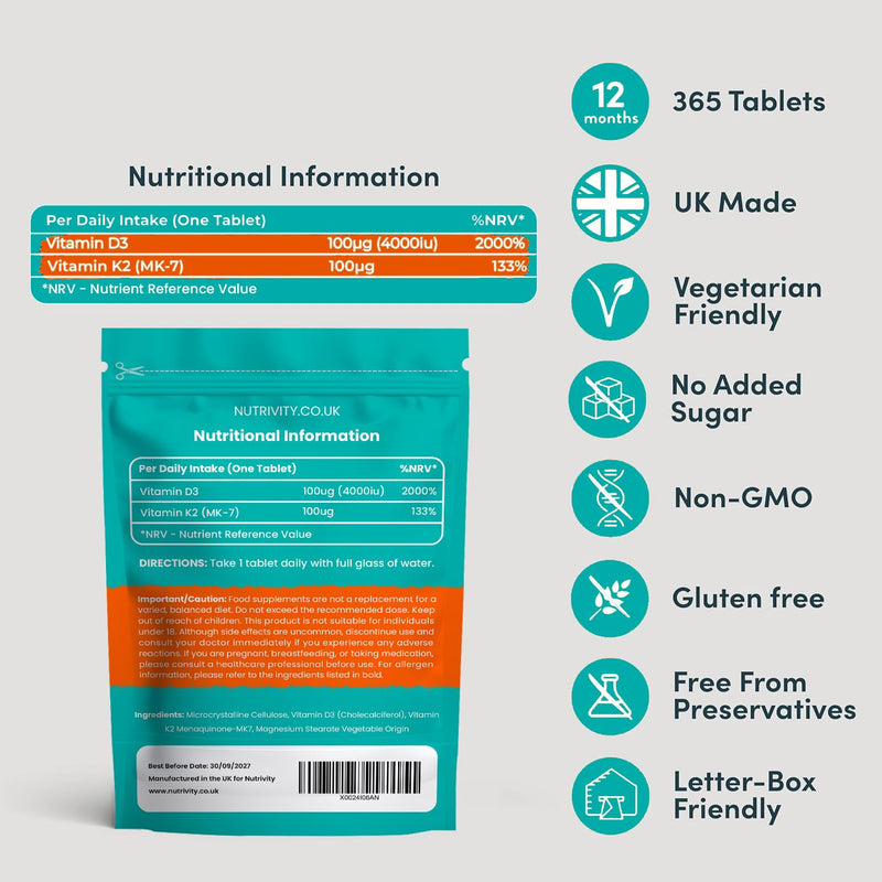 Vitamin D3 4000 IU & Vitamin K2 MK7 100µg | 365 High Strength Vitamin D3 K2 Vegan Tablets | 1 Year Supply D3 and K2 Supplements | Bone, Muscle & Immune Support | Halal | Gluten & Sugar Free | UK Made