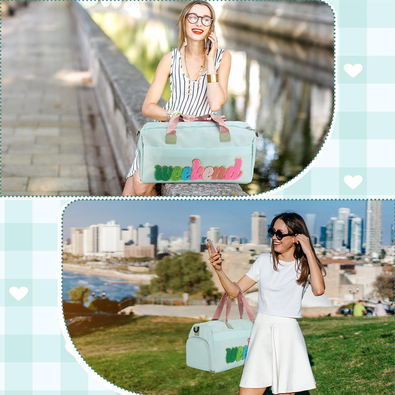Shinylin 2 Pcs Weekender Bags for Women Sleepover Overnight Bag with Shoe Compartment Green Pink Chenille Letter Travel Duffle Bag for Girls Travel Gym Hospital