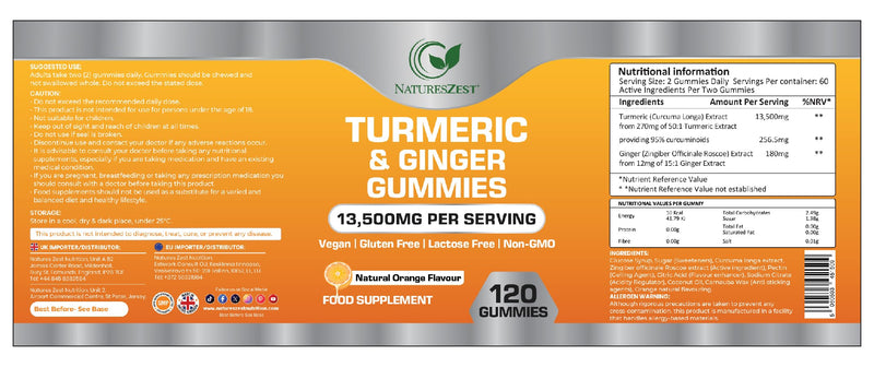 Turmeric and Ginger Gummies High Strength –13,500mg | Joint, Immune & Digestive Support | Vegan, Gluten-Free, Non-GMO, Lactose-Free 120 Chewable Gummies | Natural Orange Flavour by NATURES ZEST 120 count (Pack of 1)